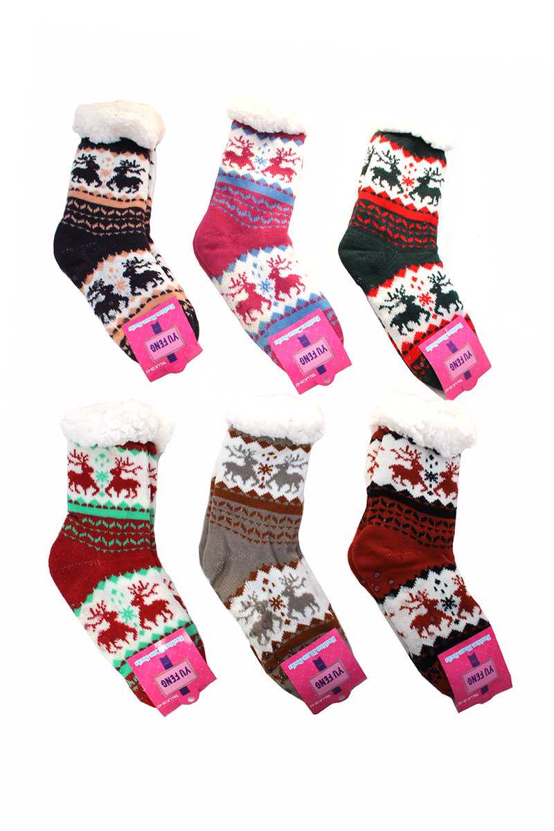 FUZZY WARM COZY LONG SOCKS-MAROON/PEACH