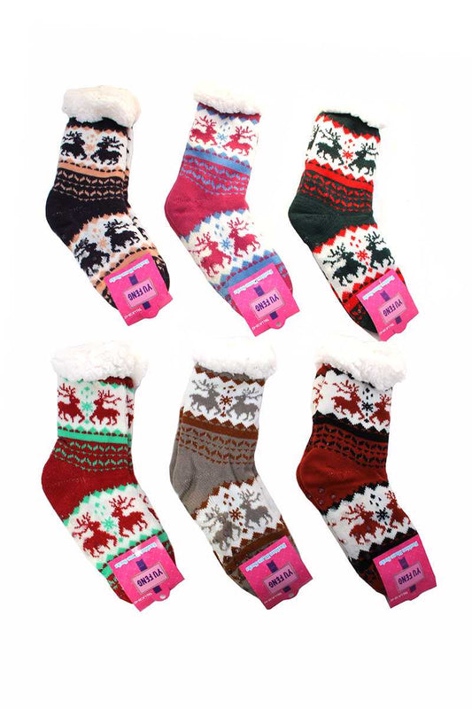 FUZZY WARM COZY LONG SOCKS-MAROON/PEACH